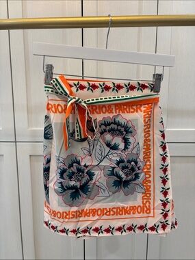 Commense Floral Tie-Waist Mini Skirt in Orange, Teal & White